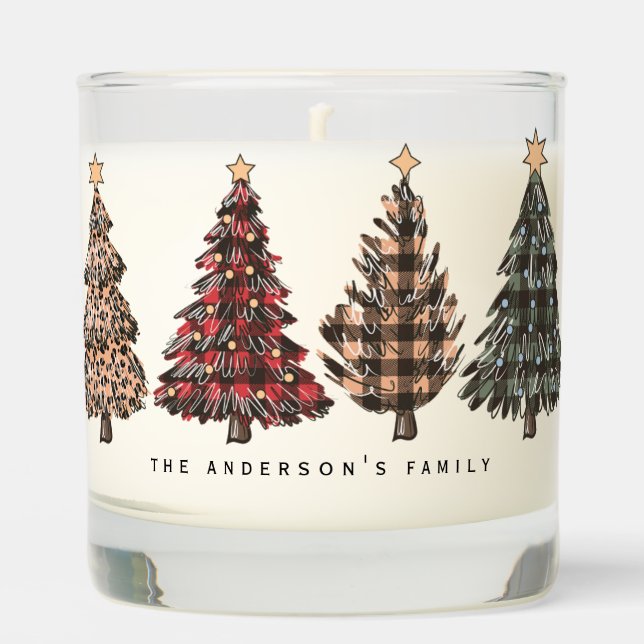 Rustic Plaid Cheetah Christmas Trees Personalized Scented Candle (Front)