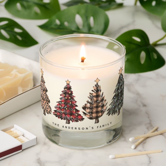 Rustic Plaid Cheetah Christmas Trees Personalized Scented Candle (Lit)