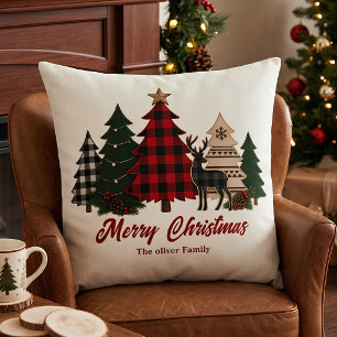 Rustic Plaid Christmas Family Trees Reindeer Throw Pillow