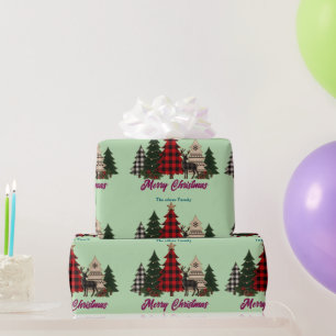 Rustic Plaid Christmas Family Trees Reindeer Wrapping Paper