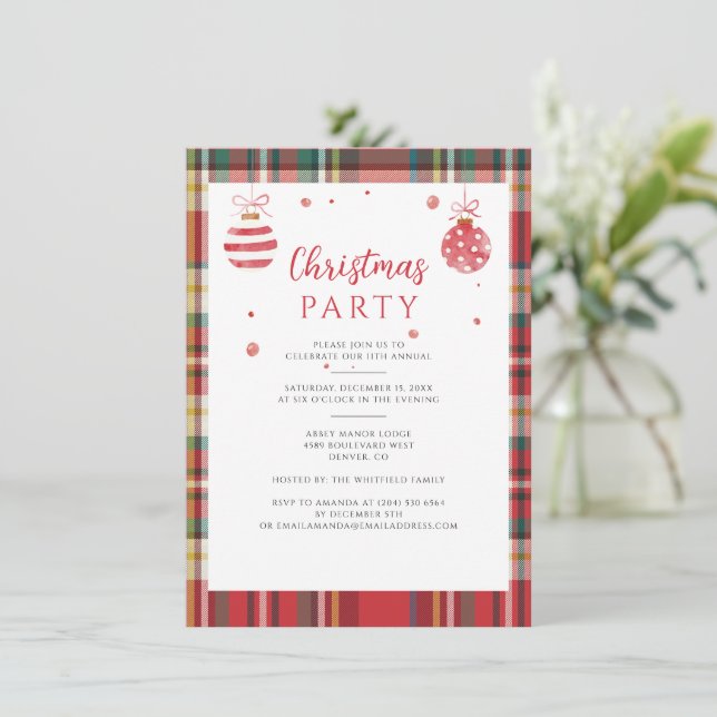 Rustic Plaid Christmas Holiday Party Watercolor Invitation (Standing Front)