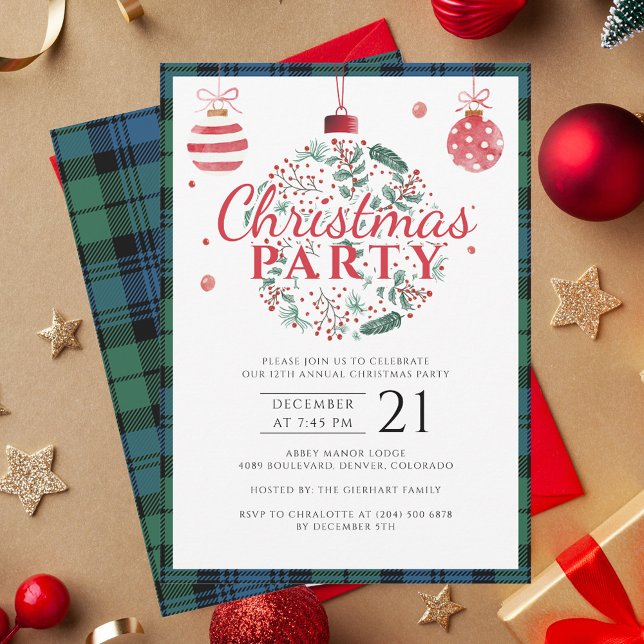 Rustic Plaid Christmas Party Festive Tartan Invitation (Rustic Tartan Campbell Elegant Christmas Party Invitation with Baubles)