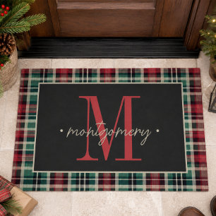 Rustic Plaid Christmas Red Green Monogram Doormat