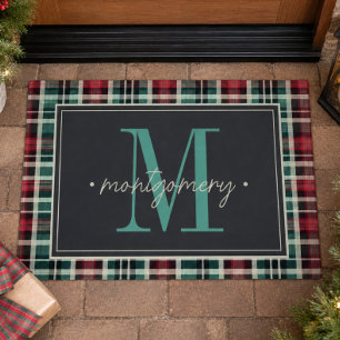 Rustic Plaid Christmas Red Green Monogram Doormat