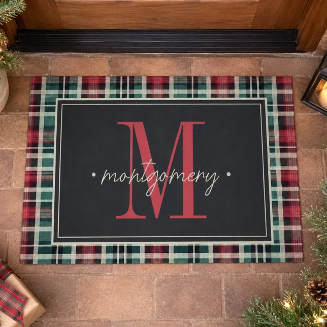 Rustic Plaid Christmas Red Green Monogram Doormat (Creator Uploaded)