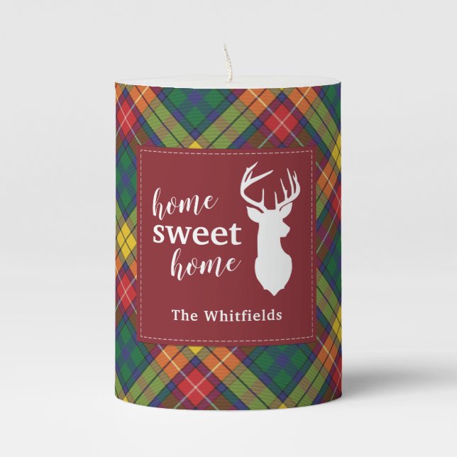 Rustic Plaid Christmas Tartan Pillar Candle (Front)