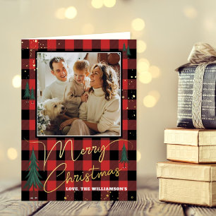 Rustic Plaid Christmas Tree Forest Photo Real Foil Greeting Card