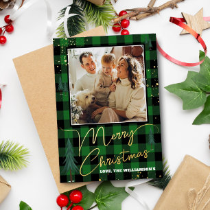 Rustic Plaid Christmas Tree Forest Photo Real Foil Holiday Card