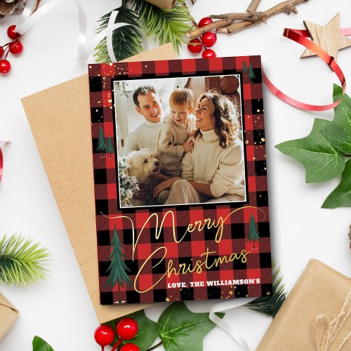 Rustic Plaid Christmas Tree Forest Photo Real Foil Holiday Card