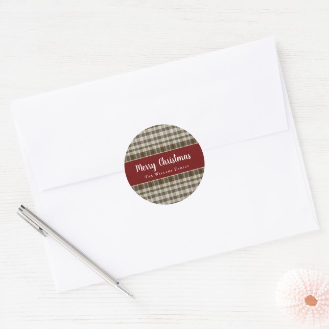 Rustic Plaid Classic Merry Christmas Round Sticker (Envelope)
