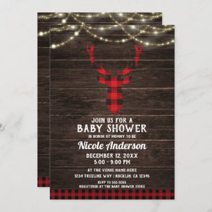 Rustic Plaid Deer Antlers Wood Lights Baby Shower Invitation