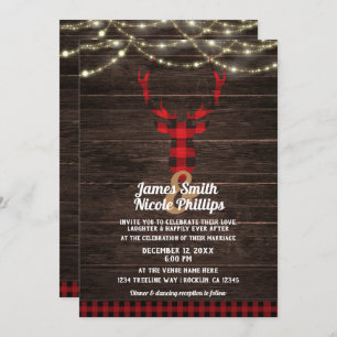 Rustic Plaid Deer Antlers Wood & String Lights Invitation