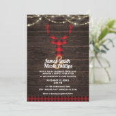 Rustic Plaid Deer Antlers Wood & String Lights Invitation (Standing Front)