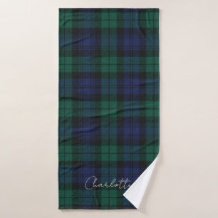 Rustic Plaid Elegant Script Green Tartan Custom Bath Towel