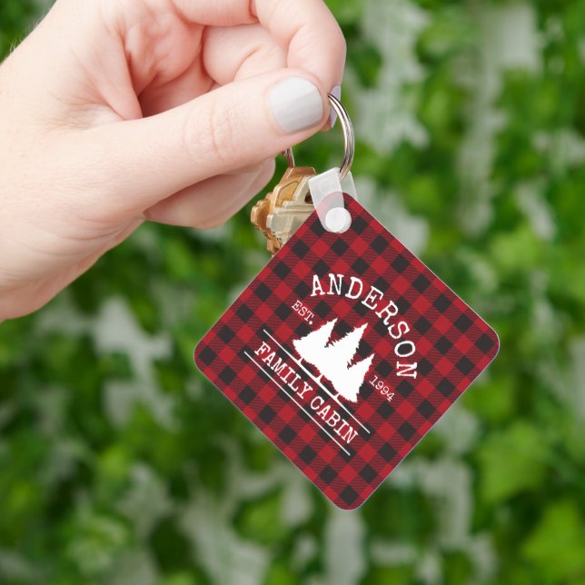Rustic Plaid Family Name Cabin Square Keychain (Hand)