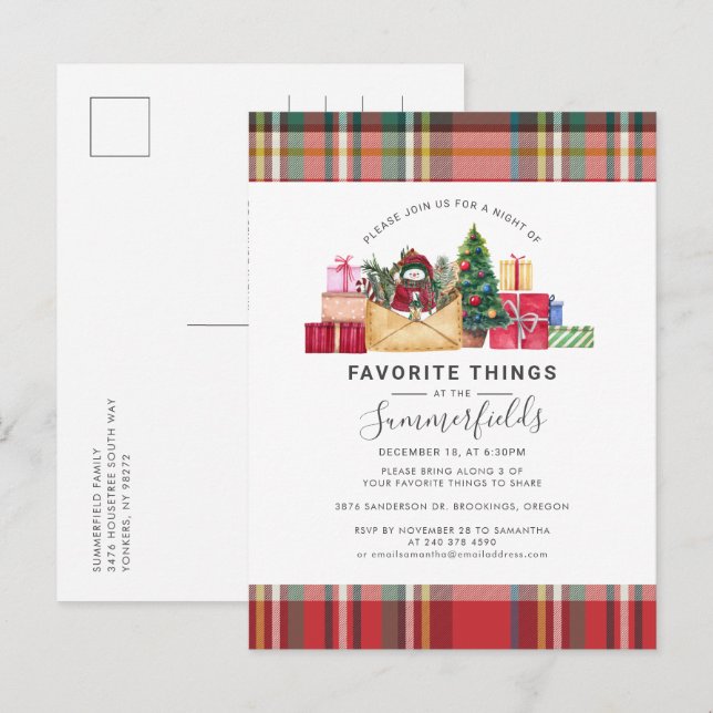 Rustic Plaid Favorite Things Christmas Holidays Invitation Postcard (Front/Back)
