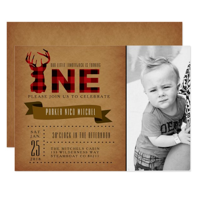 Rustic Plaid First Birthday Party Invite Photo