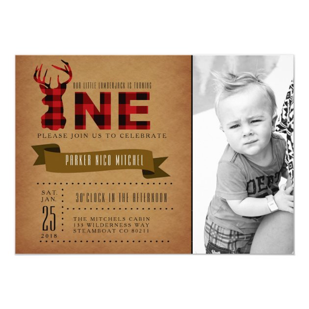Rustic Plaid First Birthday Party Invite Photo