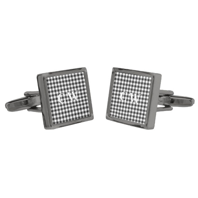 Rustic Plaid Gingham Monogram Initials Groom Cufflinks (Angled)