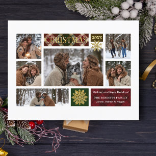 Rustic Plaid & Gold Snowflakes Multi-Photo Holiday Postcard
