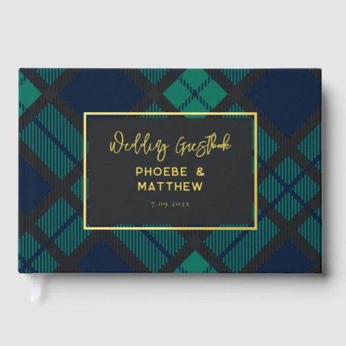 Rustic Plaid Green Black Tartan Gold Foil Wedding Foil Guest Book