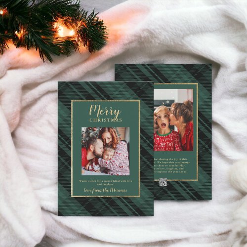 Rustic Plaid Green Gold Merry Christmas 2 Photos Holiday Card