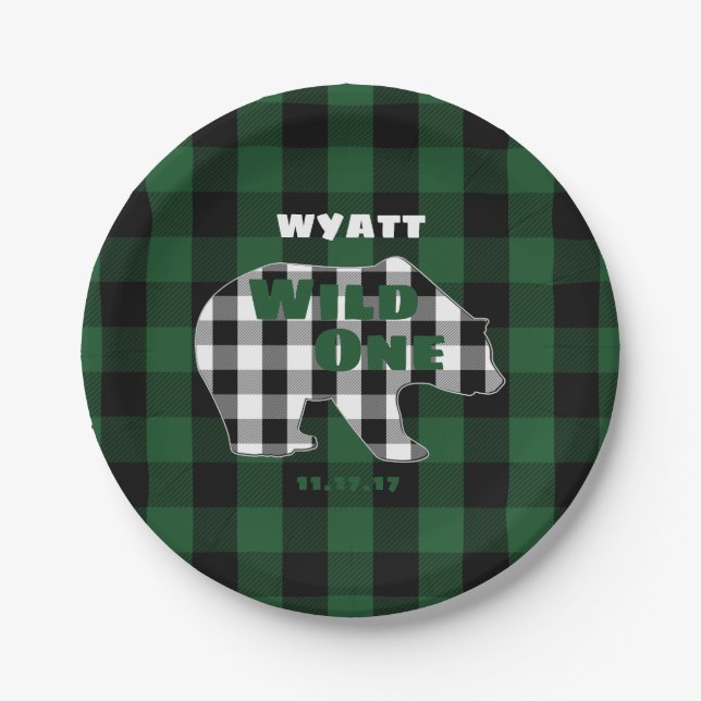 Rustic Plaid Green Wild One Birthday Party Bear Paper Plates (Front)