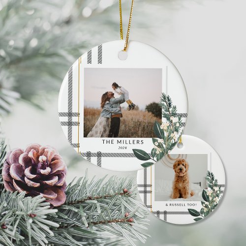 Rustic Plaid Greenery Holiday Double Sided Photo Ceramic Ornament