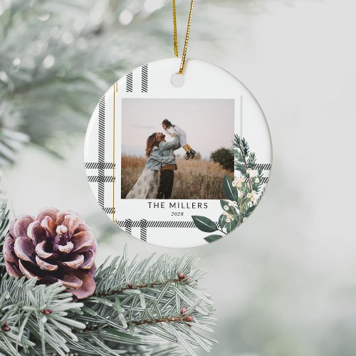 Rustic Plaid Greenery Holiday Photo Ceramic Ornament