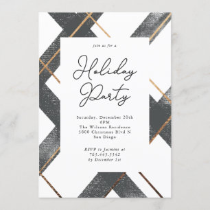 Rustic Plaid Grey and Gold Holiday Party Invitation