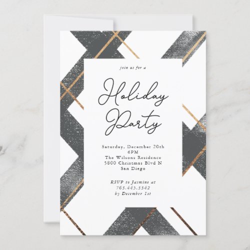Rustic Plaid Grey and Gold Holiday Party Invitation