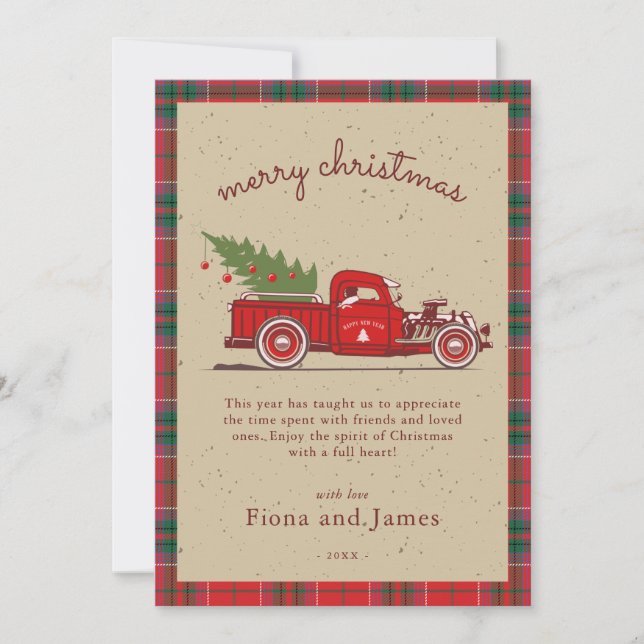 Rustic Plaid Kraft Red Truck Tree Personalized Holiday Card (Front)