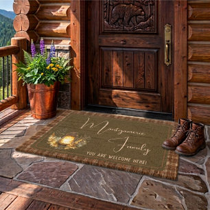 Rustic Plaid Lantern Script Family Name Welcome Fiber Doormat