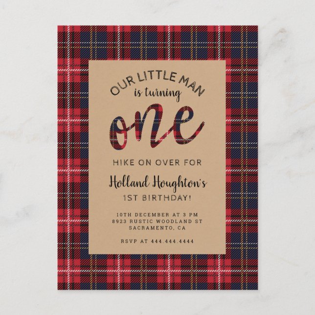 Rustic Plaid Little Man Lumberjack 1st Birthday Invitation Postcard (Front)