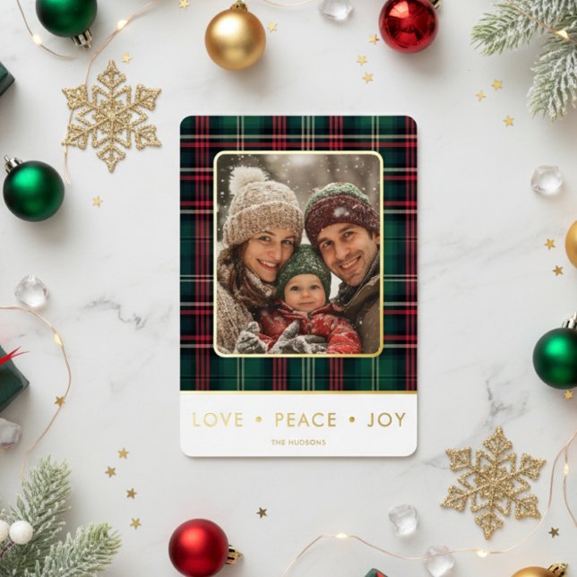 Rustic Plaid Love Peace Joy Photo Christmas Foil Holiday Card (Creator Uploaded)