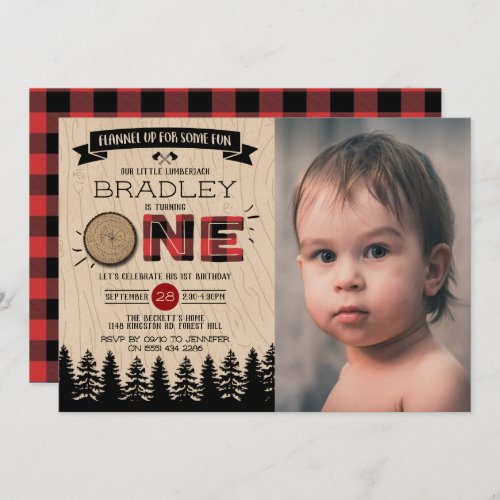 Rustic Plaid Lumberjack Boys 1st Birthday Photo Invitation