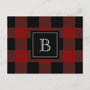 Rustic Plaid Lumberjack Monogram Initial Red Black Postcard