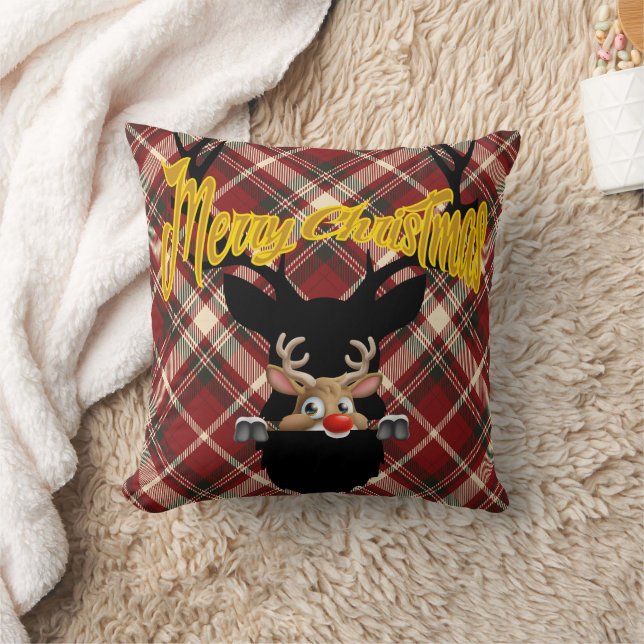 Rustic Plaid Magical Holiday Reindeer Throw Pillow (Blanket)
