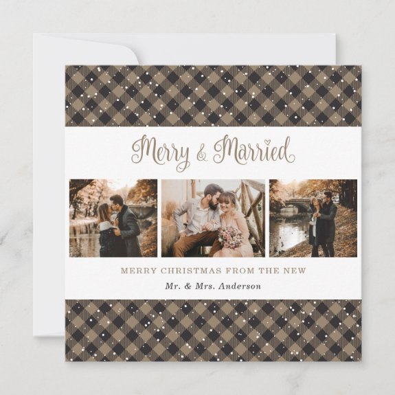 Rustic Plaid Merry and Married Christmas Card
