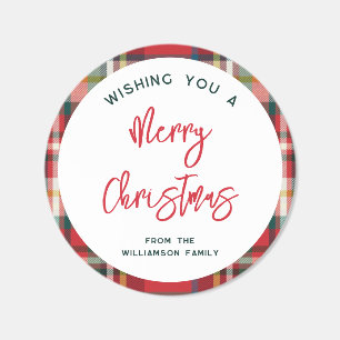 Rustic Plaid Merry Christmas Red Green Script Classic Round Sticker