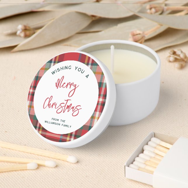 Rustic Plaid Merry Christmas Red Green Script Mini Candle Favors (Insitu)