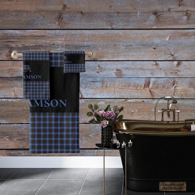 Rustic Plaid Monogram Bear | Black Blue Bath Towel Set (Creator Uploaded)