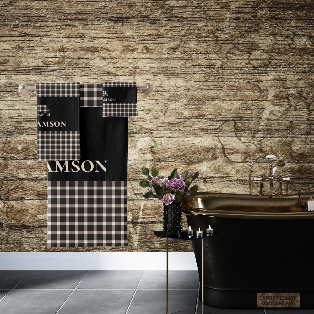 Rustic Plaid Monogram Bear | Black Cream White Bath Towel Set