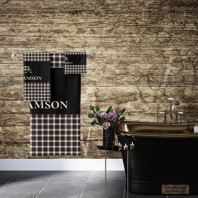 Rustic Plaid Monogram Bear | Black Cream White Bath Towel Set (Creator Uploaded)
