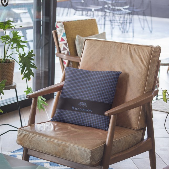 Rustic Plaid Monogram Bear | Blue Black Throw Pillow (Creator Uploaded)