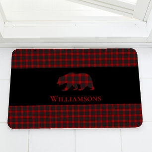 Rustic Plaid Monogram Bear   Buffalo Red Black Bath Mat