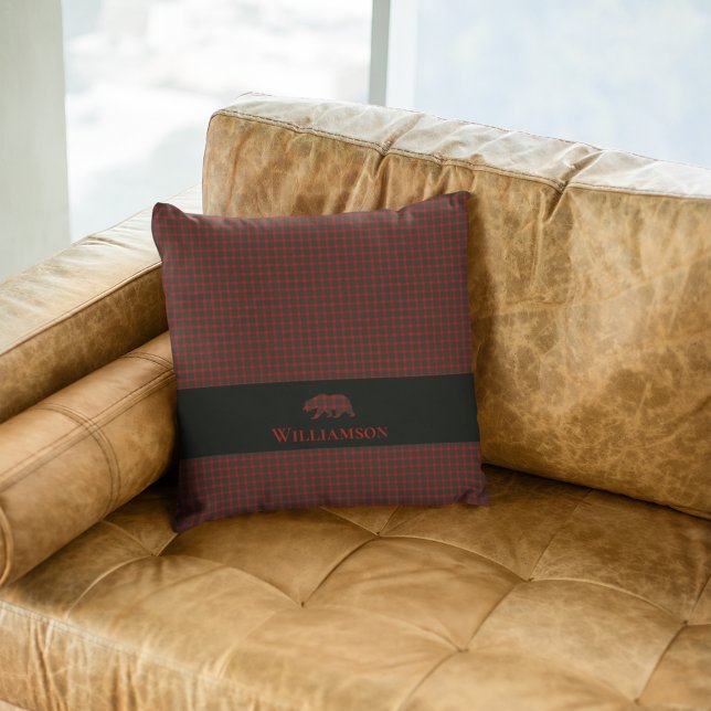 Rustic Plaid Monogram Bear | Buffalo Red Black Throw Pillow (Creator Uploaded)