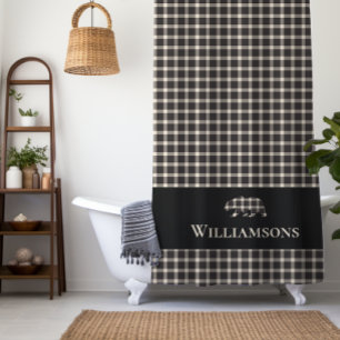 Rustic Plaid Monogram Bear Cream White Black Shower Curtain