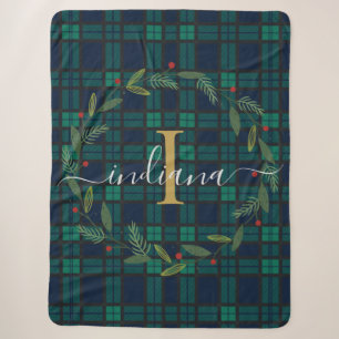 Rustic Plaid Monogram Christmas Wreath Tartan Sherpa Blanket