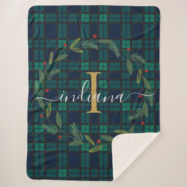Rustic Plaid Monogram Christmas Wreath Tartan Sherpa Blanket (Front)